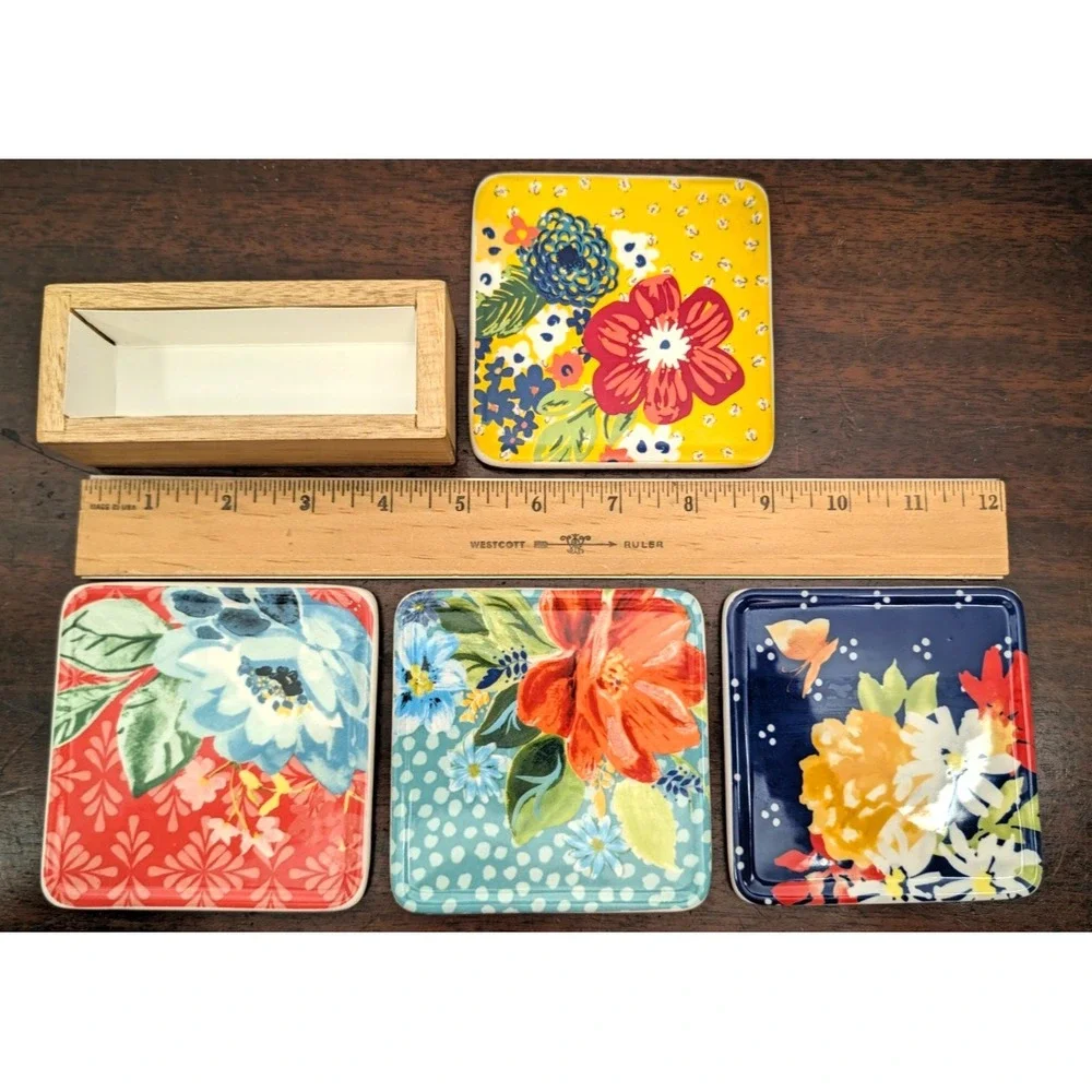Pioneer Woman Floral Ceramic Coaster Set of 4 with Wood Holder Cork Back